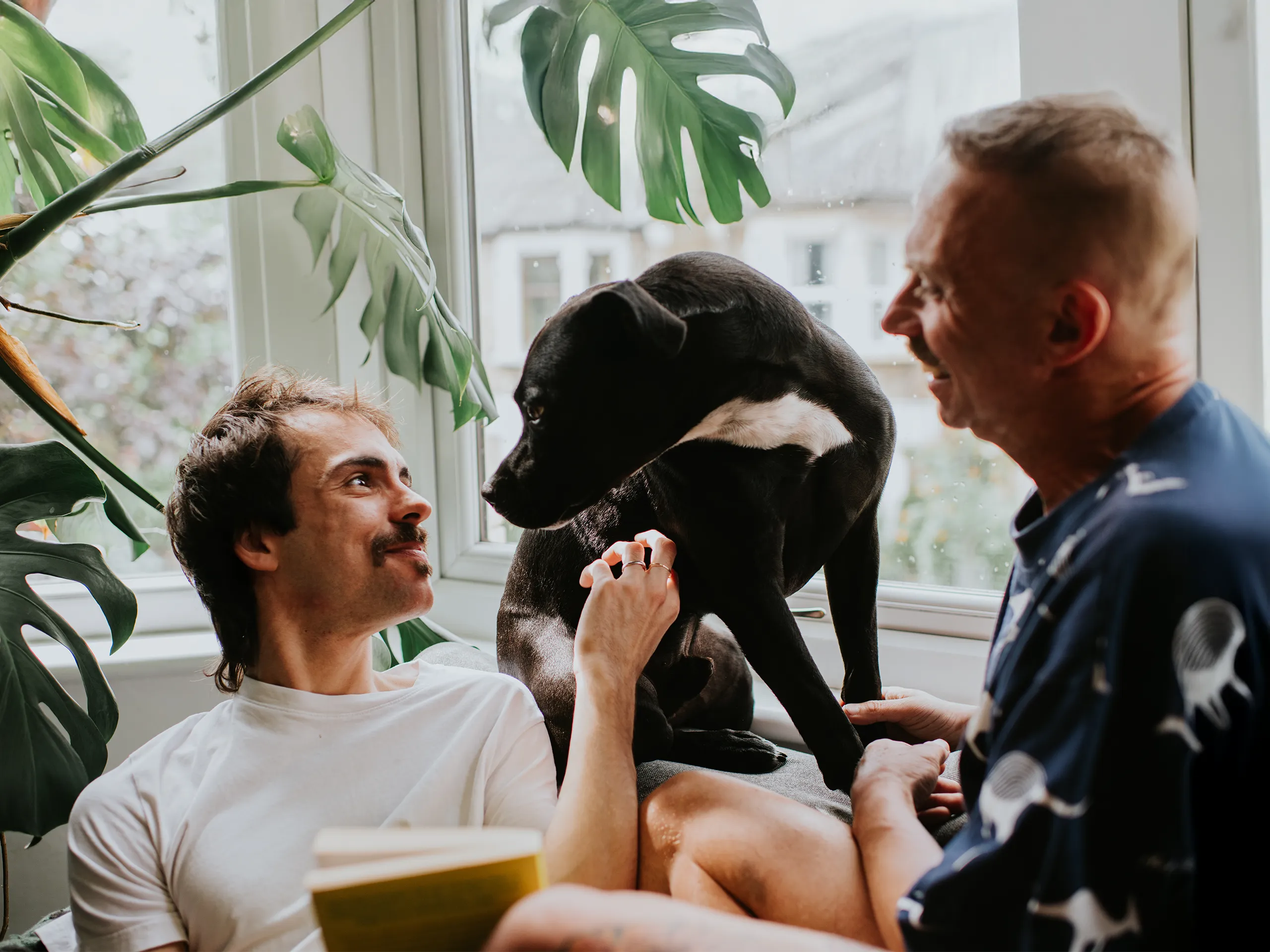Two men spending time with a dog on a windowsill surrounded by plants.