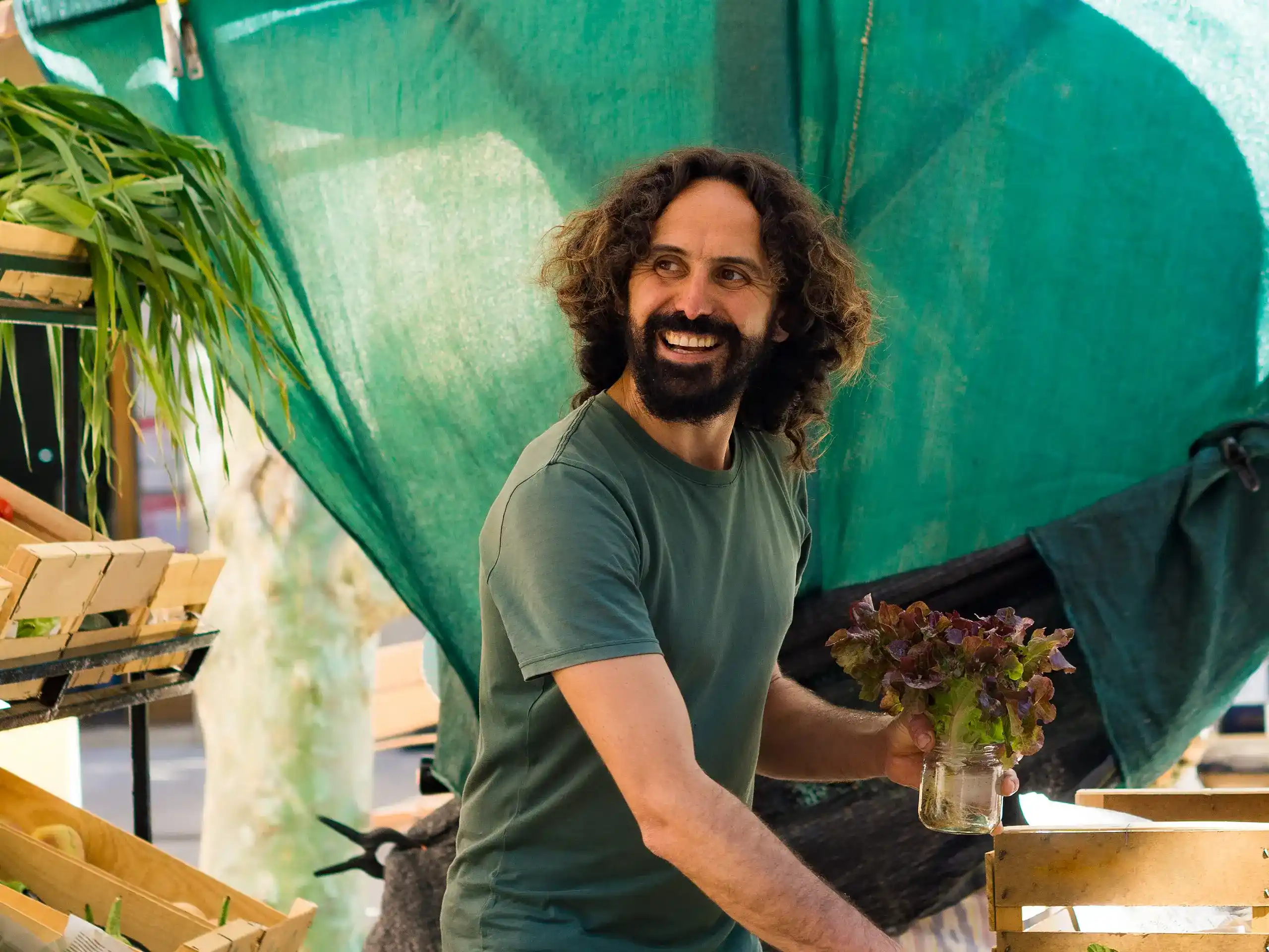 Person holding a jar with leaf lettuce at a market stall with wooden crates.